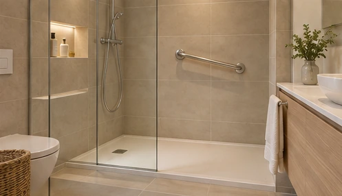 Baño con plato de ducha, mampara y mueble de lavabo
