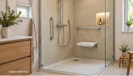 Baño con plato de ducha, mampara y mueble de lavabo